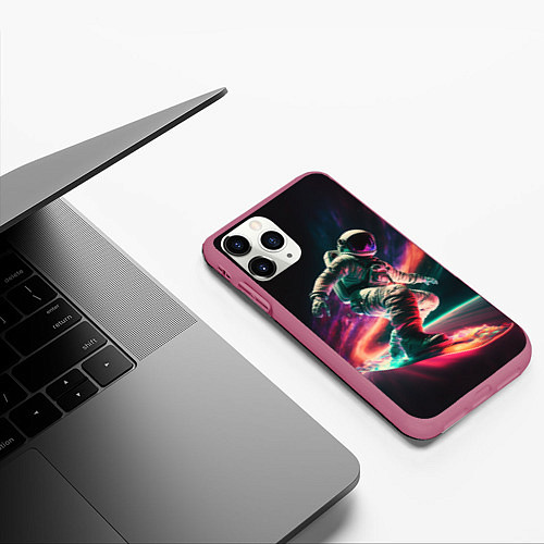 Чехол iPhone 11 Pro матовый Cosmonaut space surfing / 3D-Малиновый – фото 3