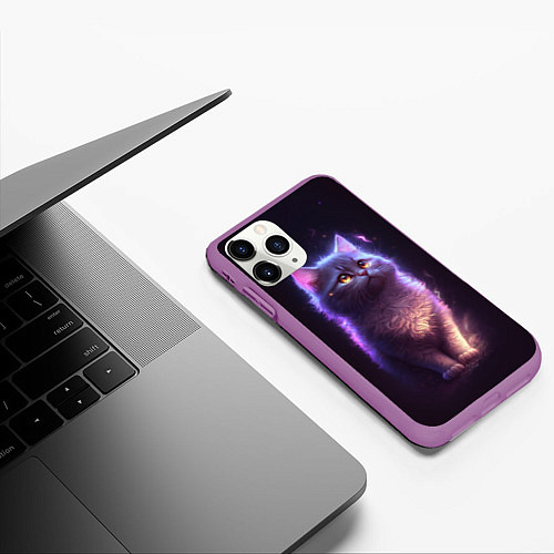 Чехол iPhone 11 Pro матовый Неоновый котик и луна / 3D-Фиолетовый – фото 3