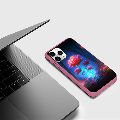 Чехол iPhone 11 Pro матовый Алая роза в ночном лесу / 3D-Малиновый – фото 3