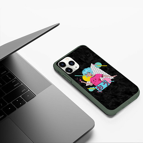 Чехол iPhone 11 Pro матовый Веселая и приветливая аниме девушка с голубыми вол / 3D-Темно-зеленый – фото 3