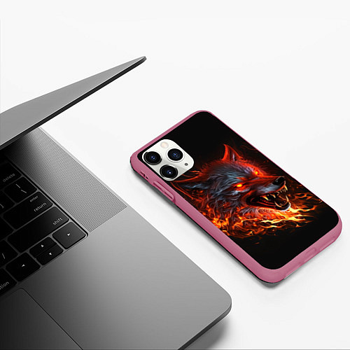 Чехол iPhone 11 Pro матовый Огненный злой волк с красными глазами / 3D-Малиновый – фото 3