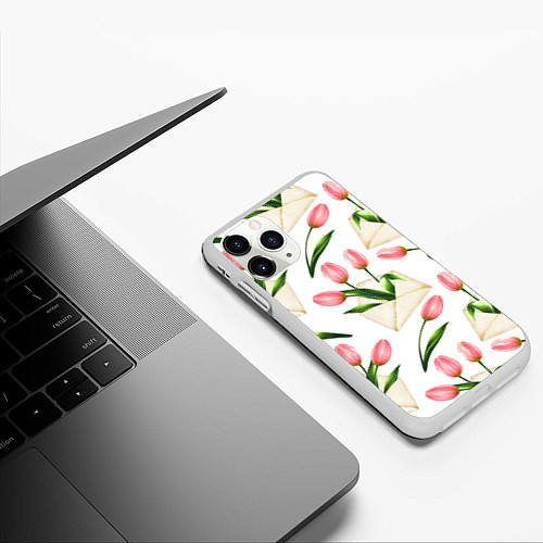 Чехол iPhone 11 Pro матовый Тюльпаны в конвертах - паттерн / 3D-Белый – фото 3