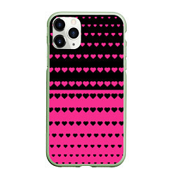 Чехол iPhone 11 Pro матовый Черные и розовые сердца узор, цвет: 3D-салатовый