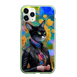 Чехол iPhone 11 Pro матовый Модная кошечка в кожаной куртке - нейросеть, цвет: 3D-салатовый