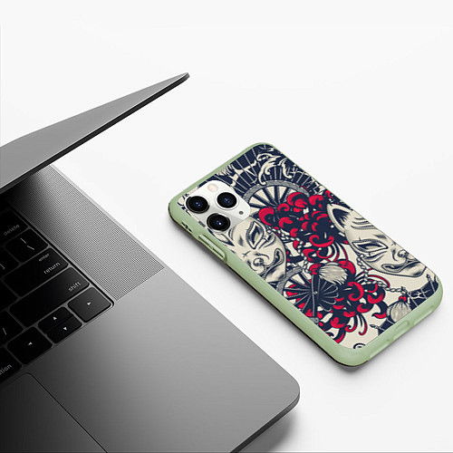 Чехол iPhone 11 Pro матовый Восточные маски / 3D-Салатовый – фото 3