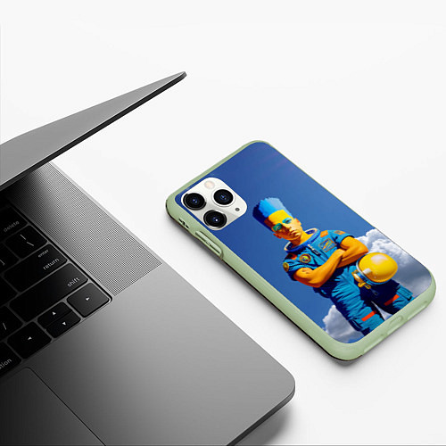 Чехол iPhone 11 Pro матовый Барт Симпсон - космический мальчик - нейросеть / 3D-Салатовый – фото 3