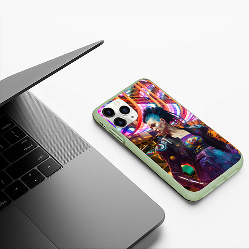 Чехол iPhone 11 Pro матовый Cyberpunk 2077 - neural network / 3D-Салатовый – фото 3