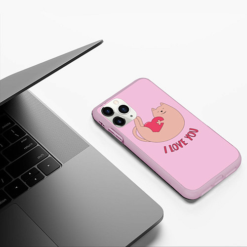 Чехол iPhone 11 Pro матовый Кот играет с сердцем / 3D-Розовый – фото 3