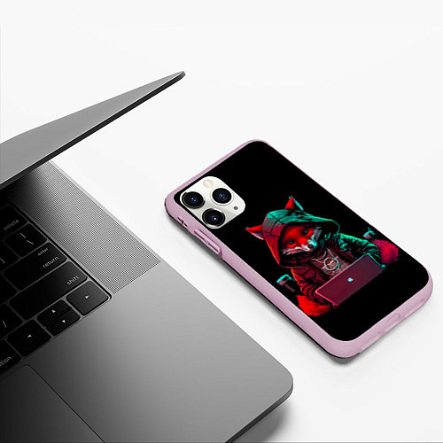 Чехол iPhone 11 Pro матовый Лис за ноутбуком от нейросети / 3D-Розовый – фото 3