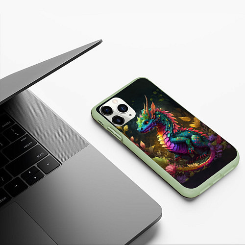 Чехол iPhone 11 Pro матовый Разноцветный дракончик в лесу / 3D-Салатовый – фото 3