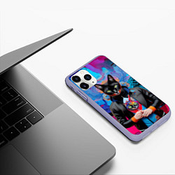 Чехол iPhone 11 Pro матовый Чёрная модница кошка - нейросеть, цвет: 3D-светло-сиреневый — фото 2