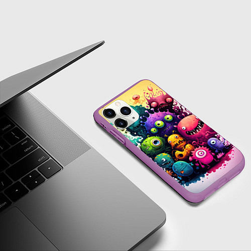 Чехол iPhone 11 Pro матовый Веселые монстры из краски / 3D-Фиолетовый – фото 3