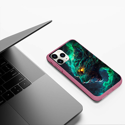 Чехол iPhone 11 Pro матовый Звездный зеленый кот / 3D-Малиновый – фото 3