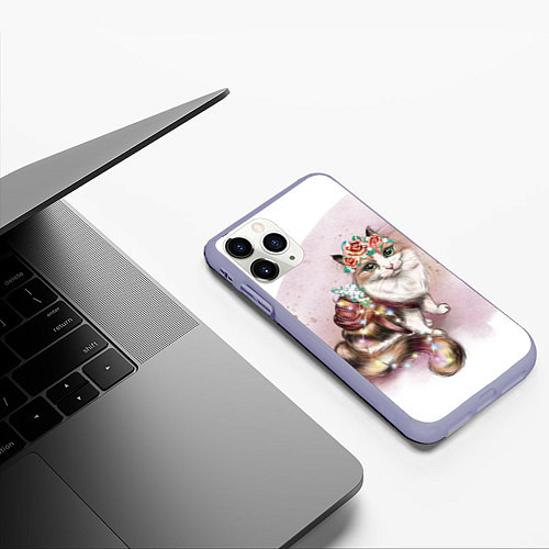Чехол iPhone 11 Pro матовый Милая кошечка с цветами / 3D-Светло-сиреневый – фото 3