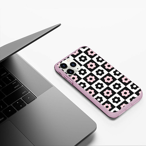 Чехол iPhone 11 Pro матовый Black flower checkers / 3D-Розовый – фото 3