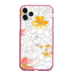 Чехол iPhone 11 Pro матовый Нарисованный цветы - светлый, цвет: 3D-малиновый