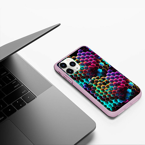 Чехол iPhone 11 Pro матовый Неон и соты / 3D-Розовый – фото 3