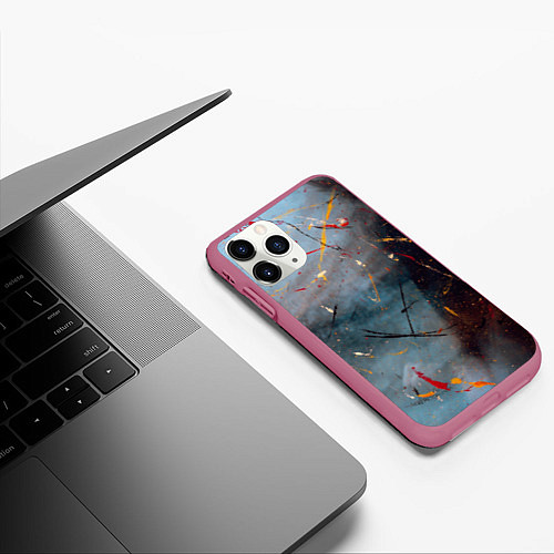 Чехол iPhone 11 Pro матовый Тёмно-серый туман и краски / 3D-Малиновый – фото 3