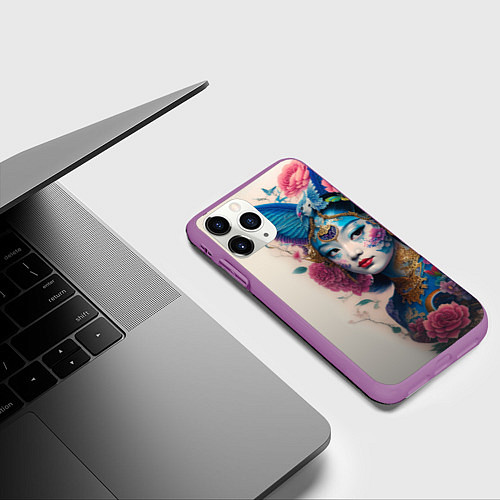 Чехол iPhone 11 Pro матовый Japan girl - tattoo - art / 3D-Фиолетовый – фото 3