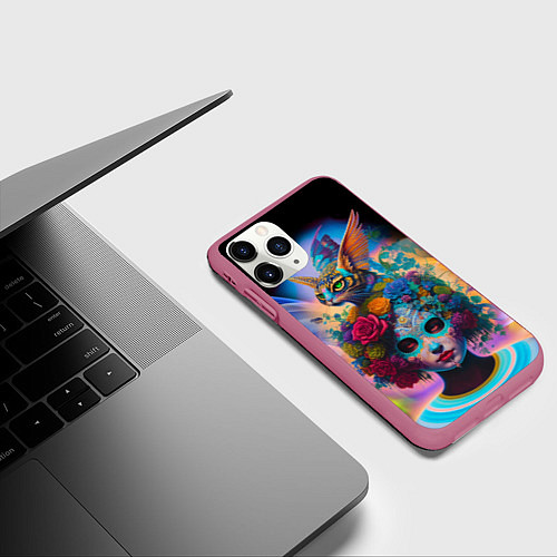 Чехол iPhone 11 Pro матовый Девушка с кошкой - нейросеть - искусство / 3D-Малиновый – фото 3