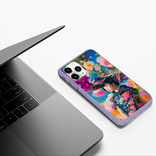 Чехол iPhone 11 Pro матовый Девочка с птицами среди цветов - мскусство / 3D-Светло-сиреневый – фото 3