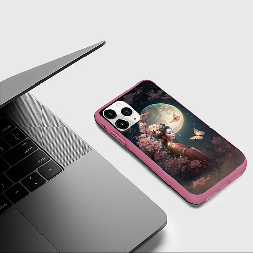 Чехол iPhone 11 Pro матовый Девушка в сакуре под луной / 3D-Малиновый – фото 3