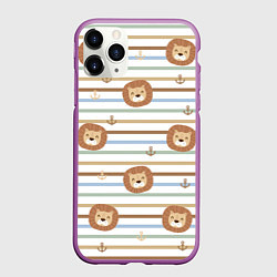 Чехол iPhone 11 Pro матовый Лев и якори: полосы - паттерн, цвет: 3D-фиолетовый