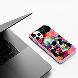 Чехол iPhone 11 Pro матовый Skull on a background of flowers - irezumi, цвет: 3D-розовый — фото 2