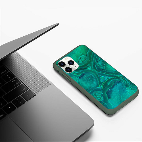 Чехол iPhone 11 Pro матовый Абстракция, сине-зеленая текстура малахита / 3D-Темно-зеленый – фото 3