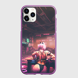 Чехол iPhone 11 Pro матовый Неоновый бар-девушка сзади, цвет: 3D-фиолетовый