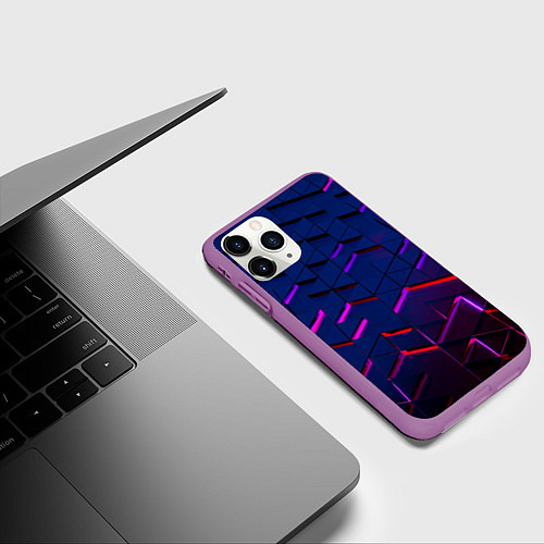 Чехол iPhone 11 Pro матовый Неоновые треугольники с подсветкой / 3D-Фиолетовый – фото 3