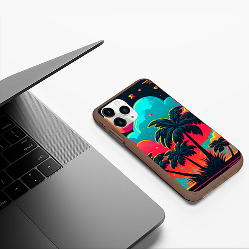 Чехол iPhone 11 Pro матовый Неоновые пальмы на закате / 3D-Коричневый – фото 3