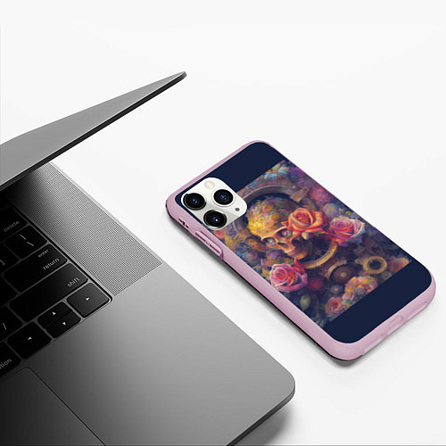 Чехол iPhone 11 Pro матовый Череп и розы жизни / 3D-Розовый – фото 3
