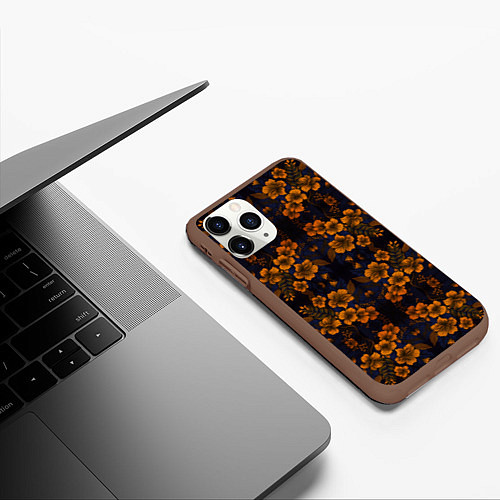 Чехол iPhone 11 Pro матовый Желто-оранжевые нежные цветы / 3D-Коричневый – фото 3