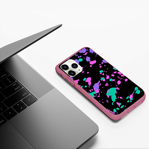Чехол iPhone 11 Pro матовый Неоновые цвета брызги краски / 3D-Малиновый – фото 3