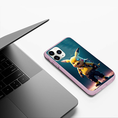 Чехол iPhone 11 Pro матовый Пикачу в стиле стимпанка нейросети / 3D-Розовый – фото 3