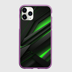 Чехол iPhone 11 Pro матовый Черно-зеленые объемные полосы, цвет: 3D-фиолетовый
