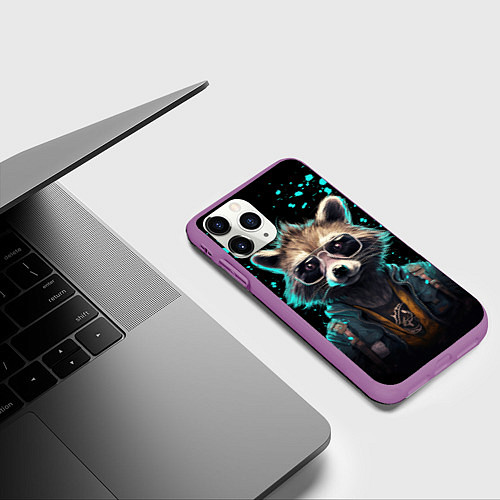 Чехол iPhone 11 Pro матовый Енот в стиле киберпанк / 3D-Фиолетовый – фото 3