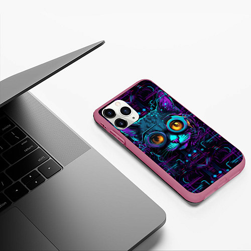 Чехол iPhone 11 Pro матовый Cat - cyberpunk style / 3D-Малиновый – фото 3