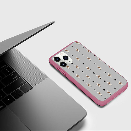 Чехол iPhone 11 Pro матовый Зайка и луна - паттерн серый / 3D-Малиновый – фото 3
