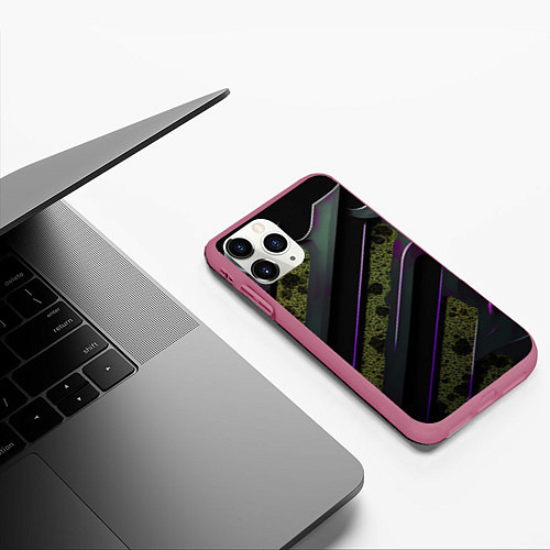 Чехол iPhone 11 Pro матовый Фиолетовые и зеленые вставки / 3D-Малиновый – фото 3