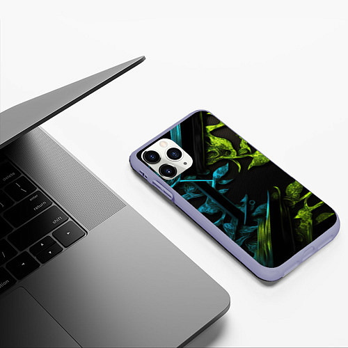 Чехол iPhone 11 Pro матовый Зеленые и синие абстрактные листья / 3D-Светло-сиреневый – фото 3