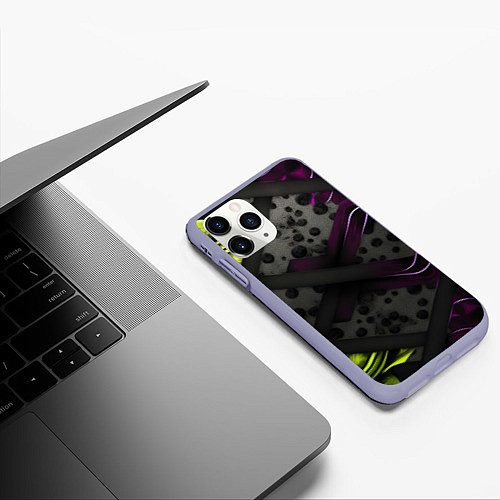 Чехол iPhone 11 Pro матовый Темная фиолетовая текстура с листьями / 3D-Светло-сиреневый – фото 3