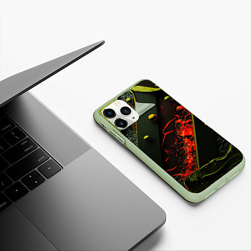 Чехол iPhone 11 Pro матовый Оранжевые брызги / 3D-Салатовый – фото 3