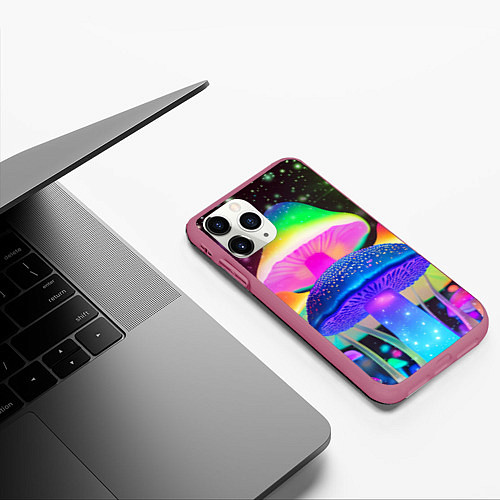 Чехол iPhone 11 Pro матовый Волшебные светящиеся грибы и звезды / 3D-Малиновый – фото 3