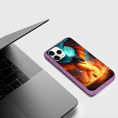 Чехол iPhone 11 Pro матовый Огненный дракон и рыцарь / 3D-Фиолетовый – фото 3