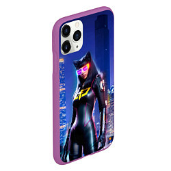 Чехол iPhone 11 Pro матовый Cat girl on the background of a megalopolis, цвет: 3D-фиолетовый — фото 2