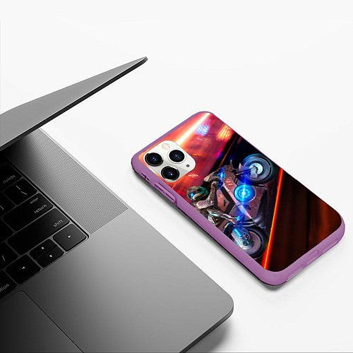 Чехол iPhone 11 Pro матовый Мотоцикл ночной город / 3D-Фиолетовый – фото 3