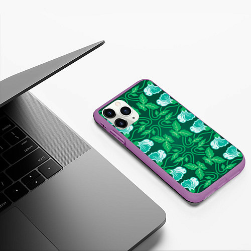 Чехол iPhone 11 Pro матовый Зелёный цветочный паттерн / 3D-Фиолетовый – фото 3