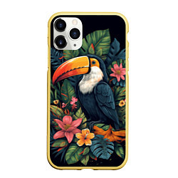 Чехол iPhone 11 Pro матовый Тукан на фоне тропических листьев: арт нейросети, цвет: 3D-желтый